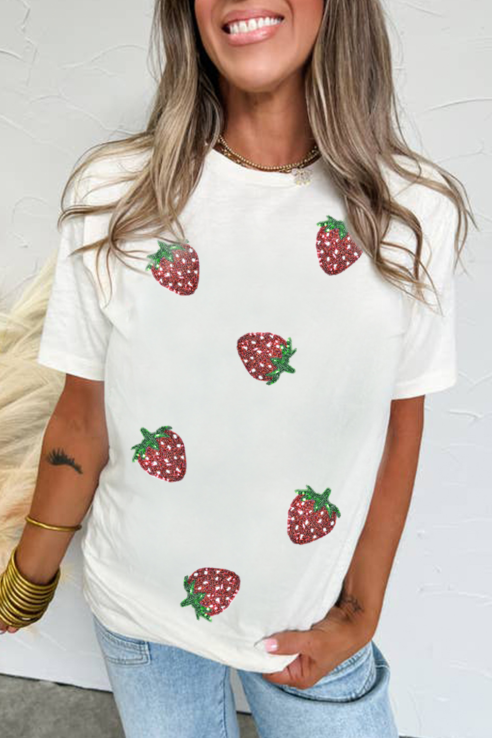 White Sequin Bow Strawberry Graphic Crew Neck T Shirt - loveforevers
