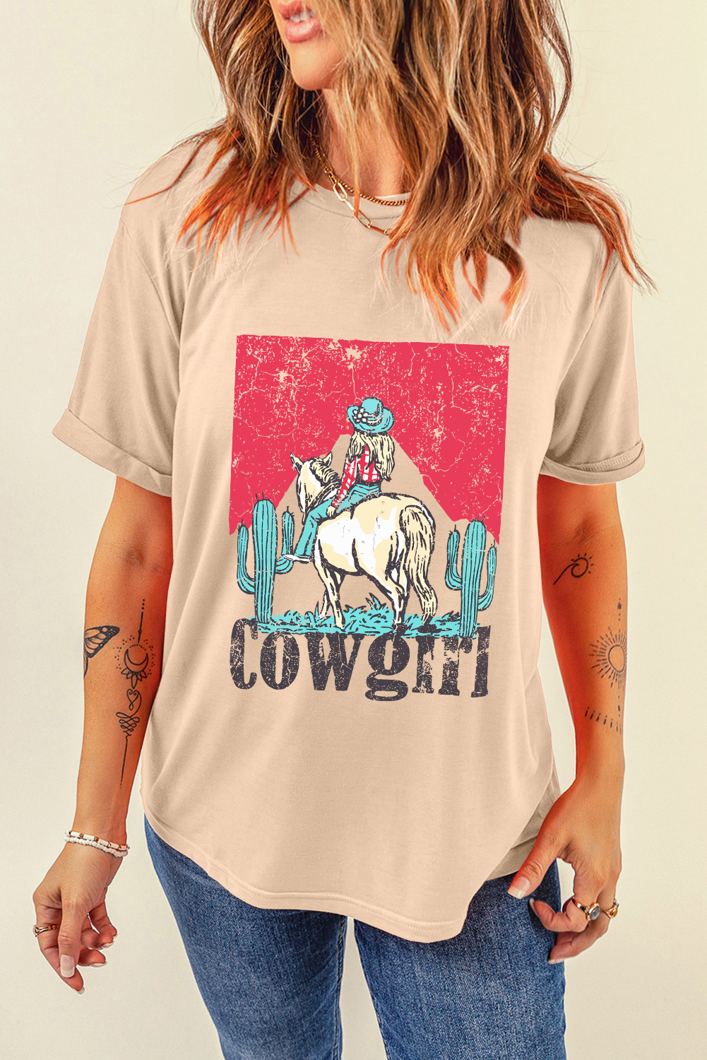 Khaki Cowgirl Rodeo Graphic Western Fashion Tee - loveforevers