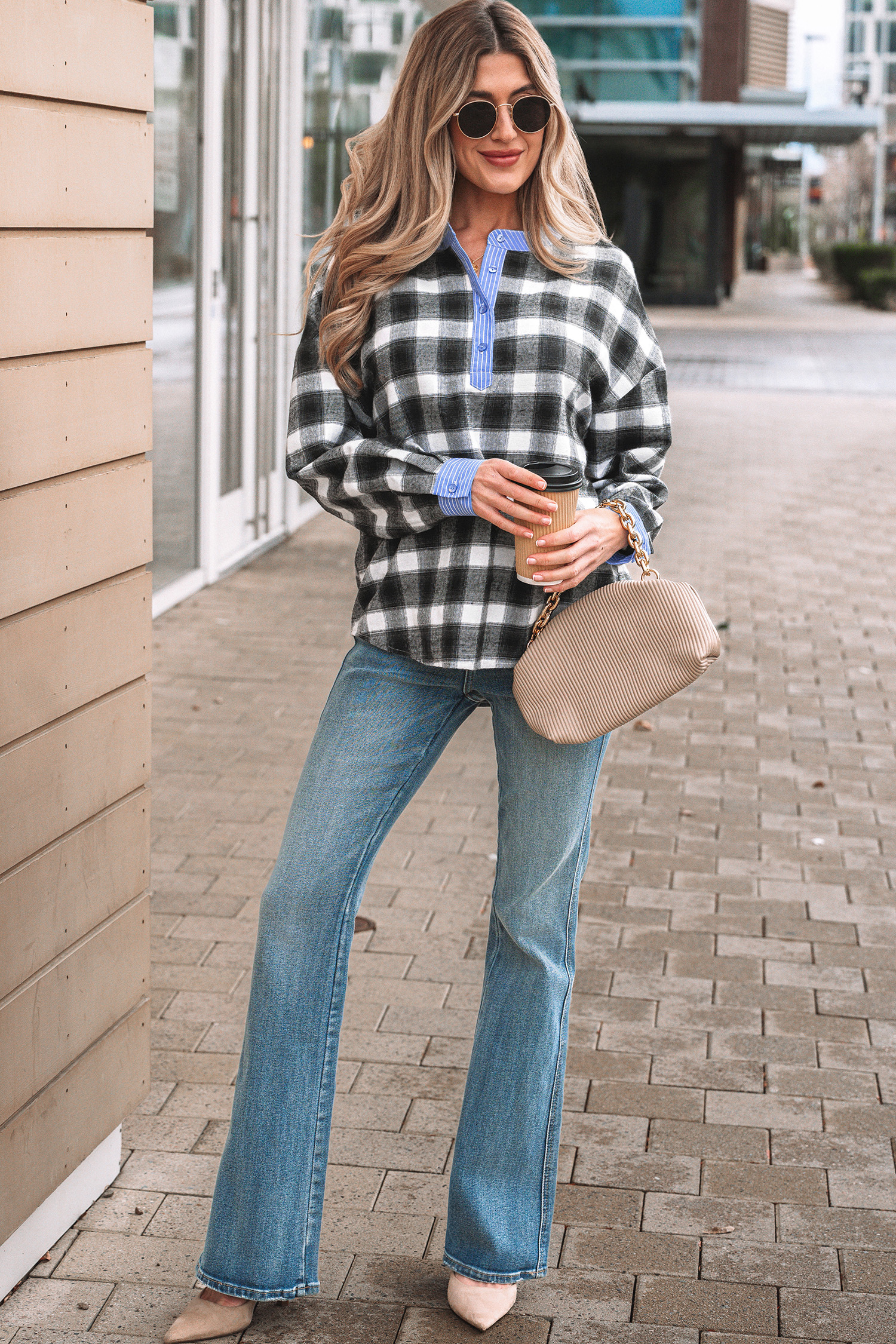 Black Contrast Striped Edge Half Placket Plaid Blouse - loveforevers