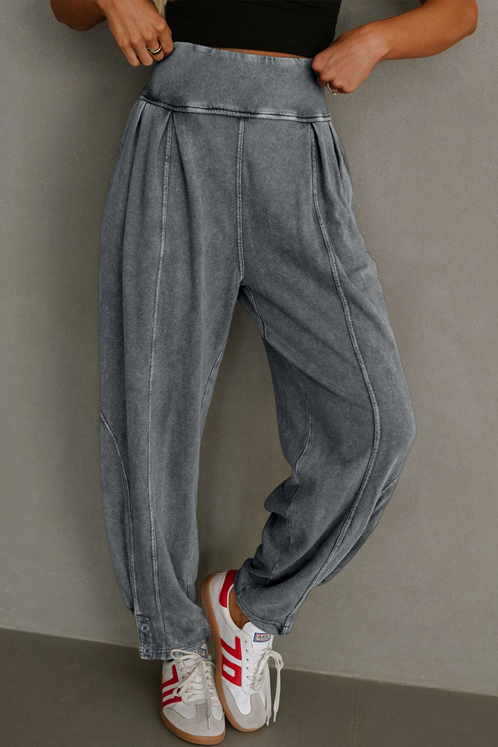 Medium Grey Mineral Wash Jogger Style High Waist Casual Pants - loveforevers