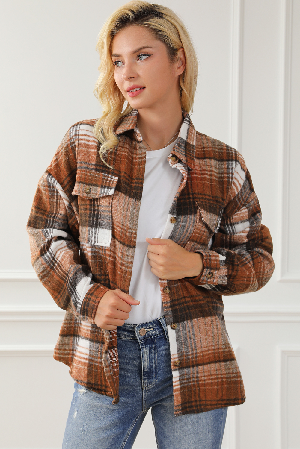 Brown Plaid Flap Pockets Shacket - loveforevers