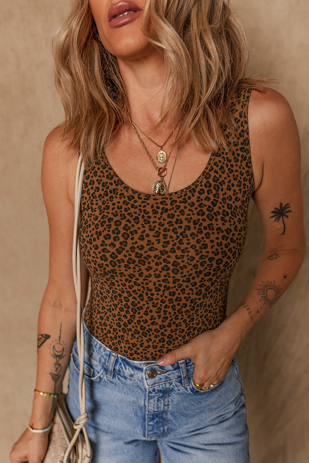 Brown Leopard Printed Sleeveless Scoop Neck Bodysuit - loveforevers