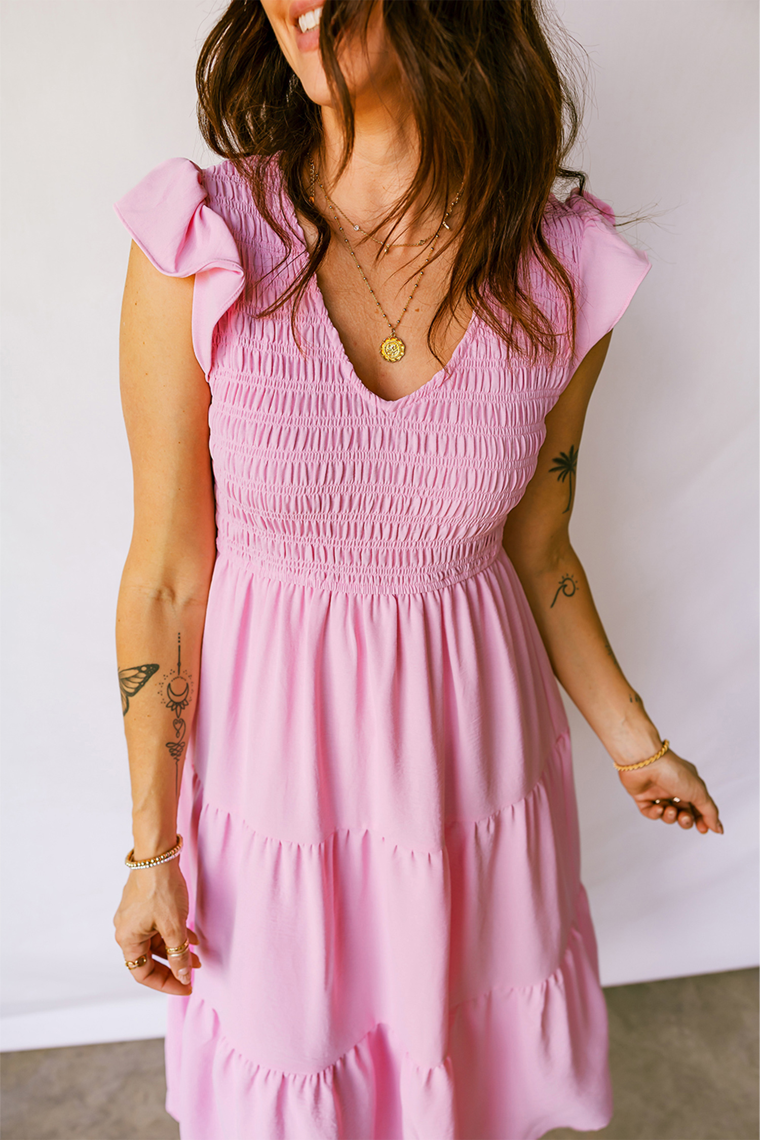 Pink Smocked Bodice Flutter Sleeve Fit Flare Tiered Midi Dress - loveforevers