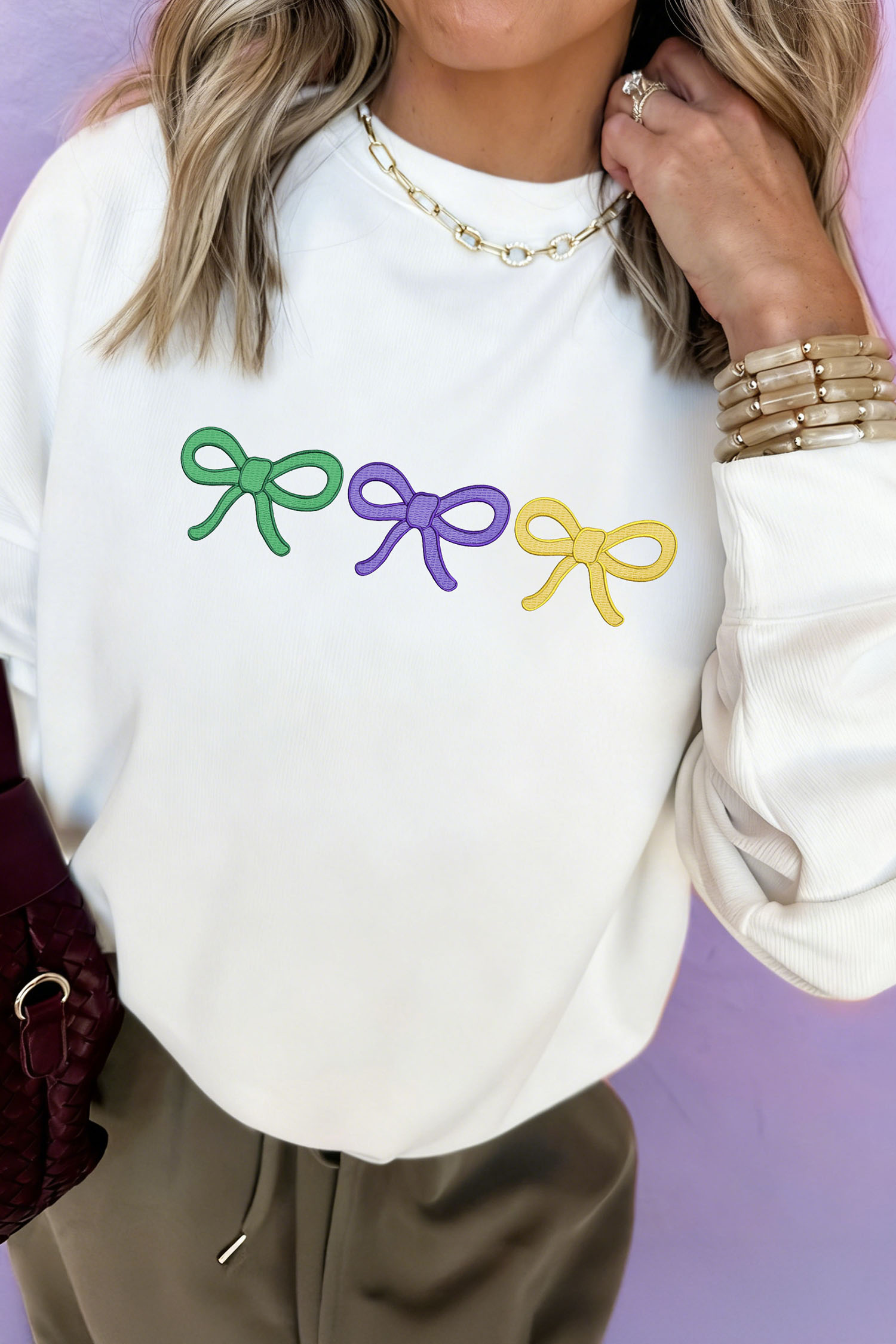 White Mardi Gras Embroidered Bow Pullover Sweatshirt - loveforevers