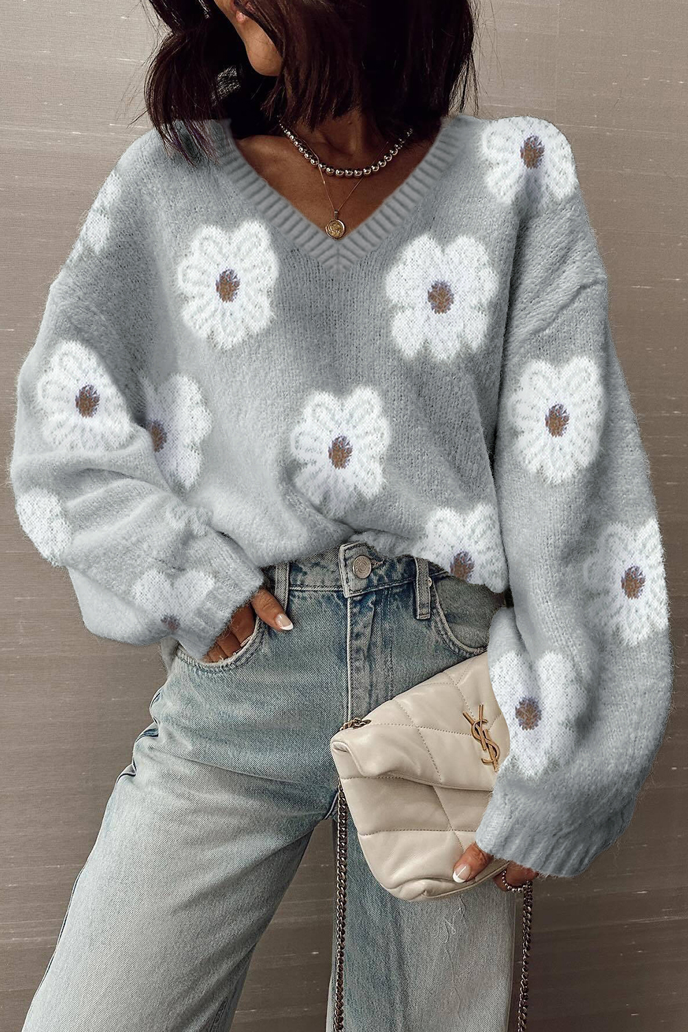 Gray Cute Flower Print V Neck Drop Shoulder Baggy Sweater - loveforevers