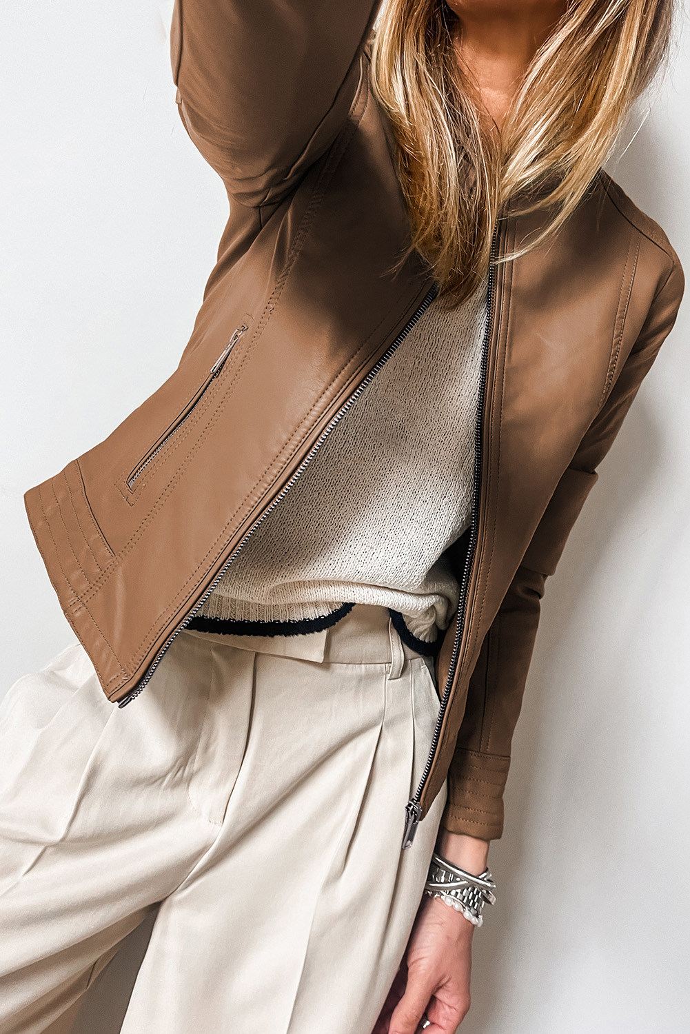 Chestnut Solid Faux Leather Zipper Slim Fit Bomber Jacket - loveforevers