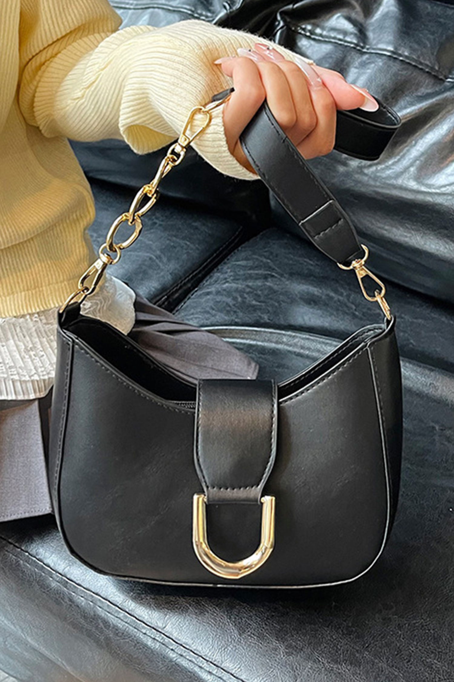 Black Gold Hardware PU Leather Single Shoulder Bag - loveforevers