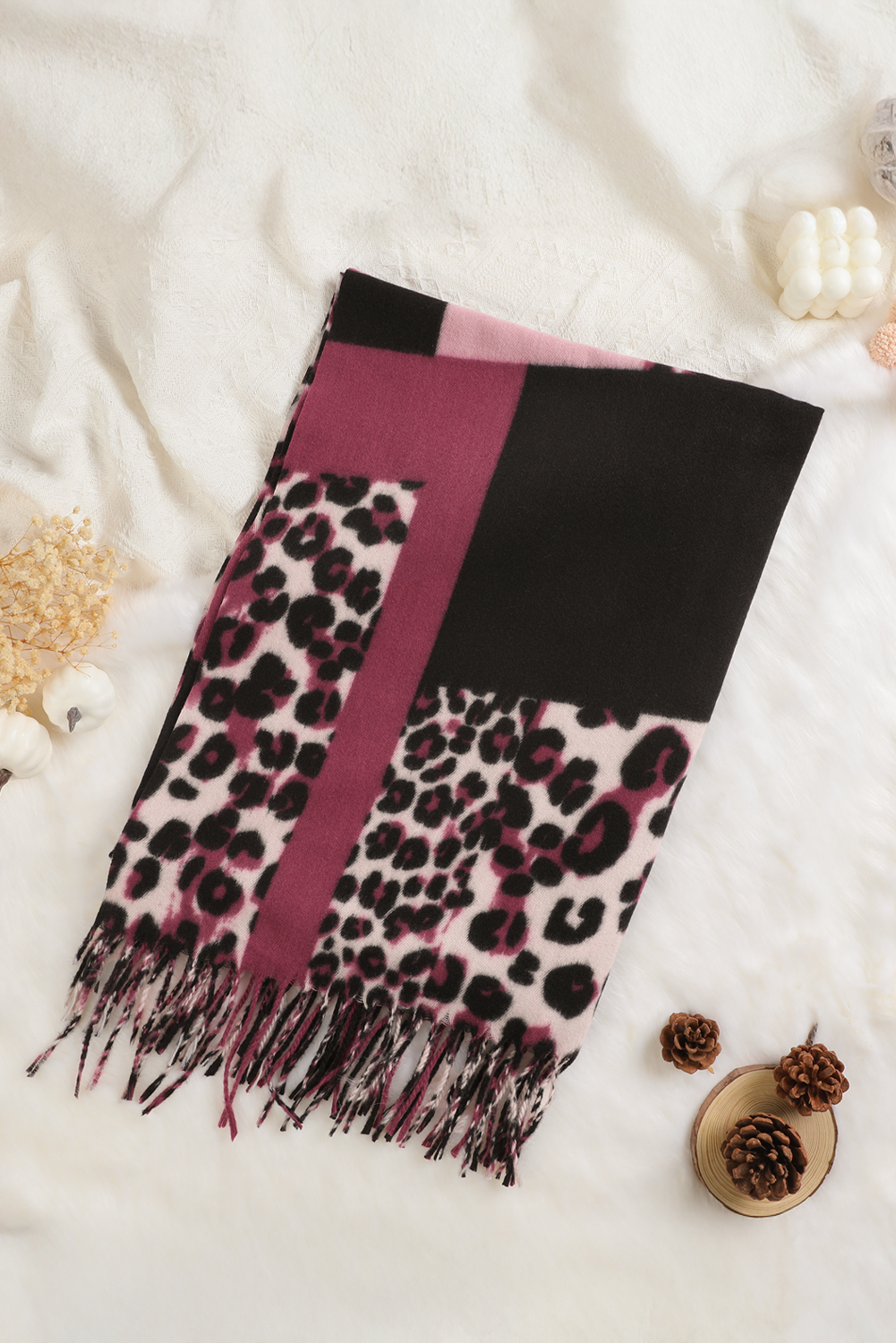 Rose Red Leopard Color Block Print Tassel Trim Terylene Scarf - loveforevers
