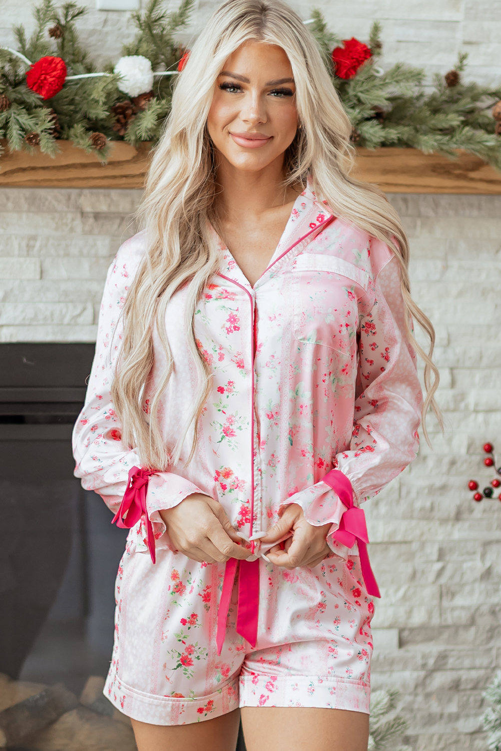Pink Mixed Floral Print Contrast Piping Trim Satin Tie 2pcs Pajama Set - loveforevers