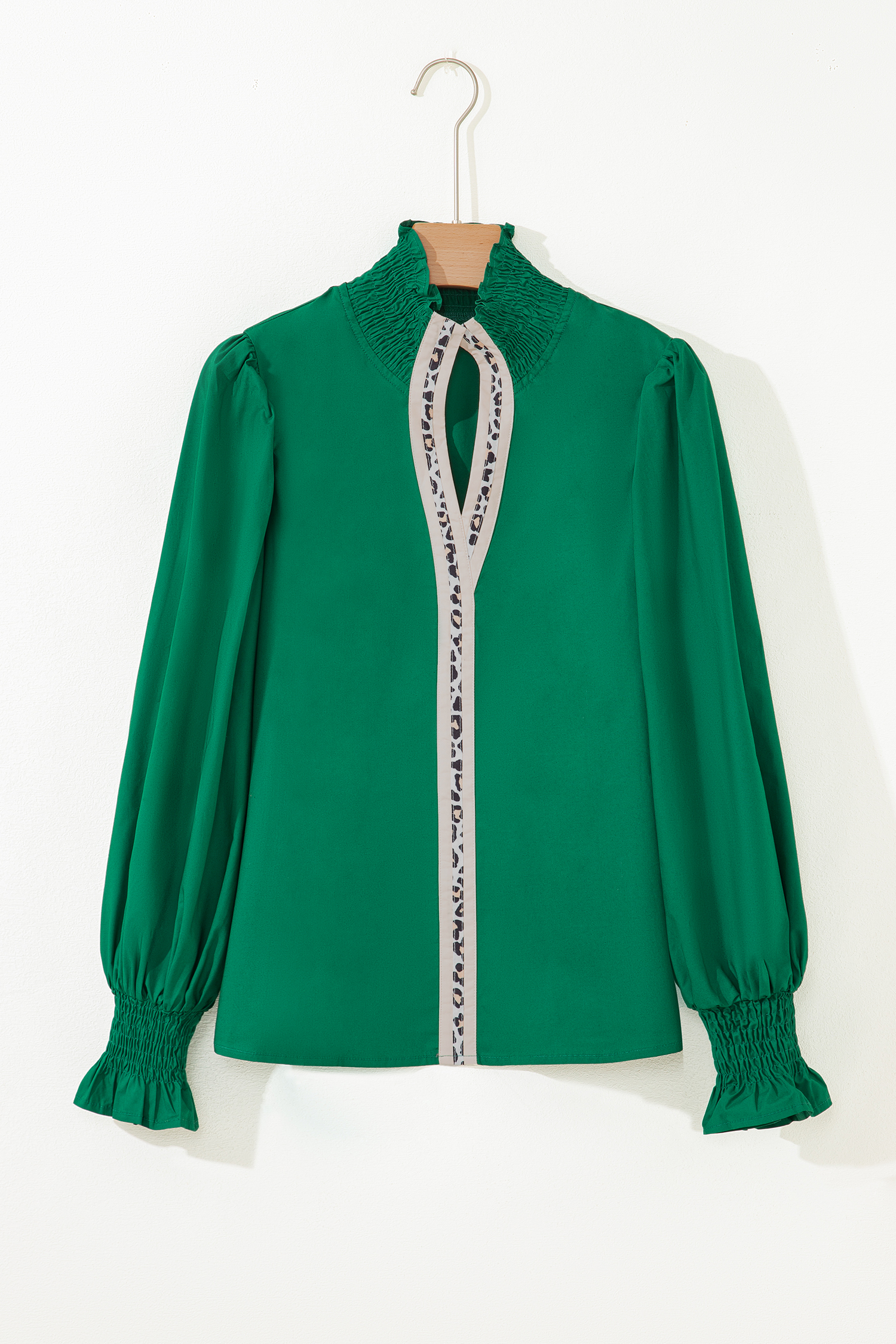Evergreen Puffy Flounce Sleeve Leopard Trim V Neck Blouse - loveforevers