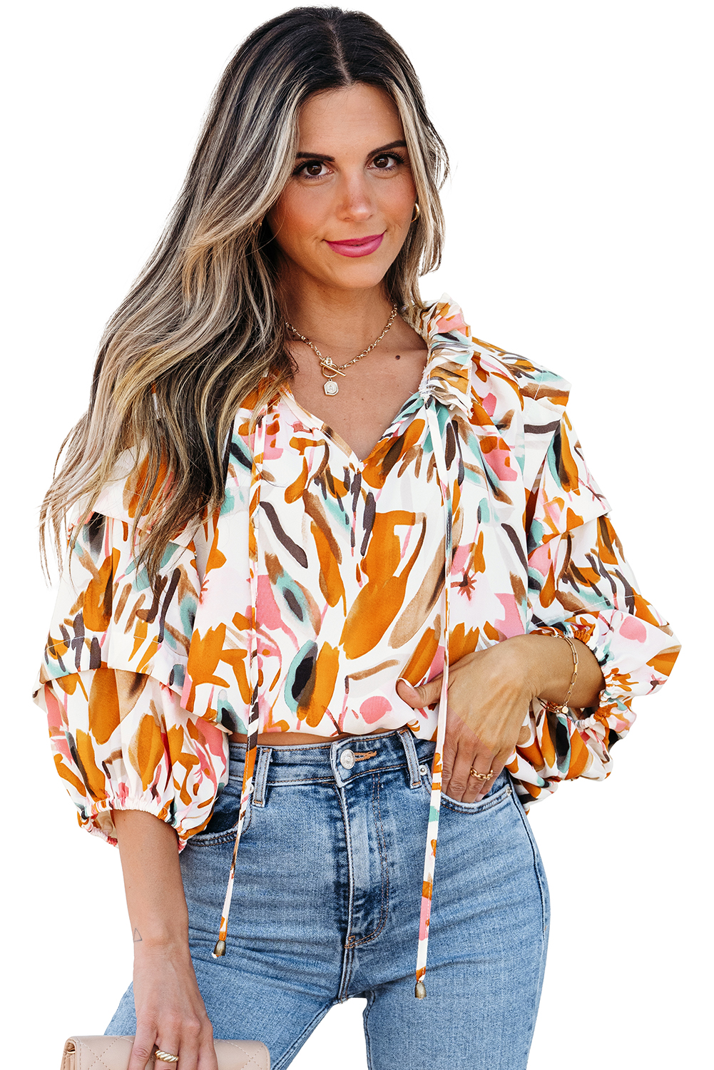 Yellow Abstract Print Drawstring Frilled V Neck 3/4 Sleeve Blouse - loveforevers