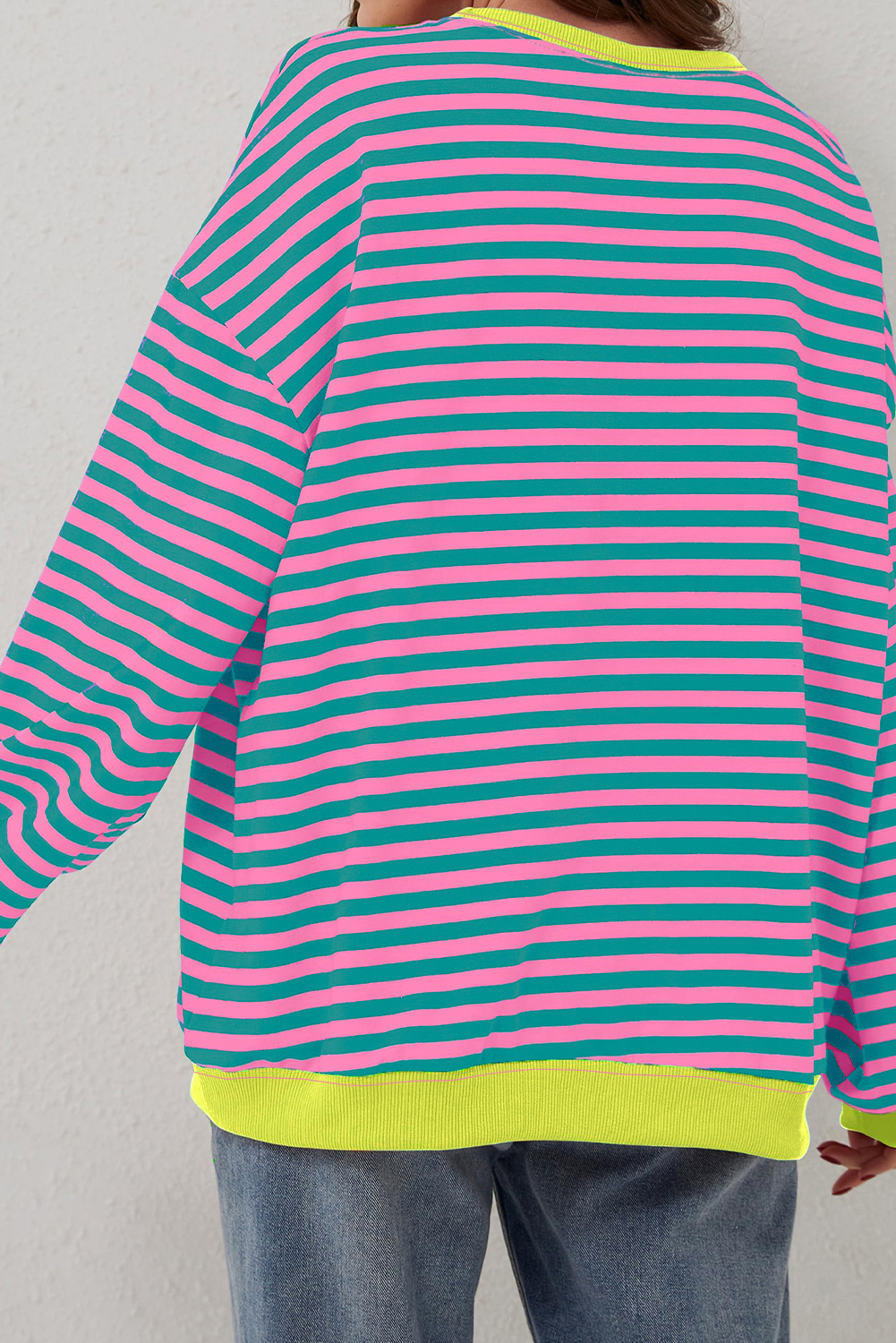 Red Stripe Contrast Ribbed Trim Crossed Stitch Drop Shoulder Sweatshirt - loveforevers