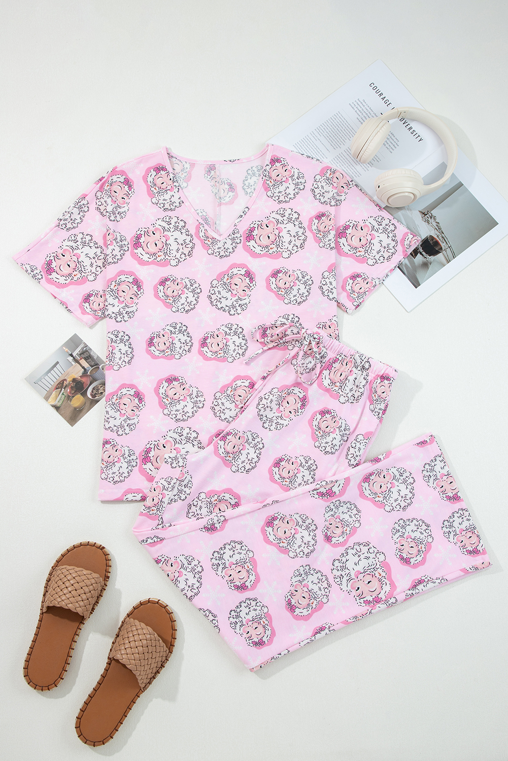 Pink Santa Claus Print V Neck Tee Drawstring Pants 2pcs Lounge Set - loveforevers