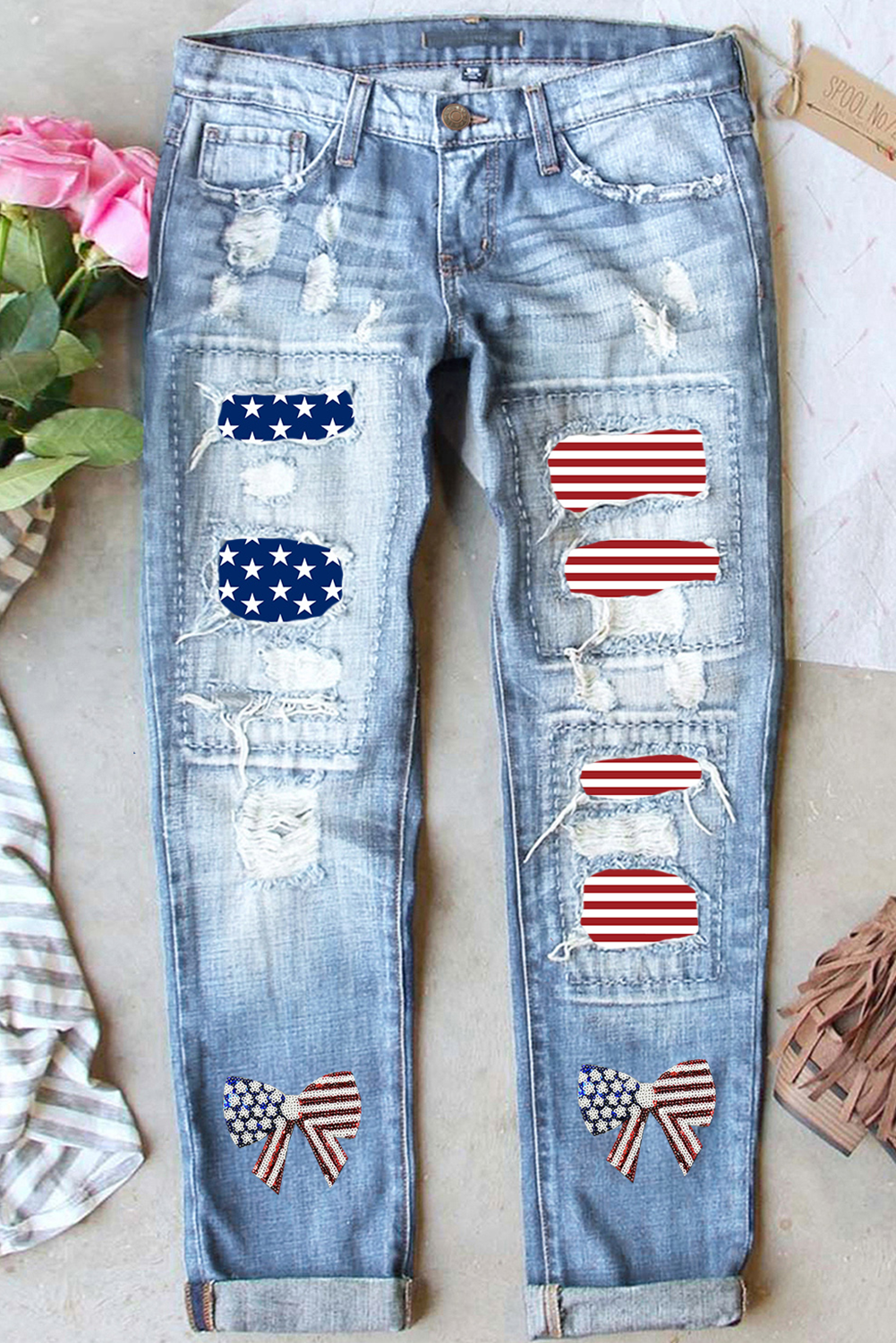 Light Blue Stars and Stripes Bow Patched Distressed Straight Jeans - loveforevers