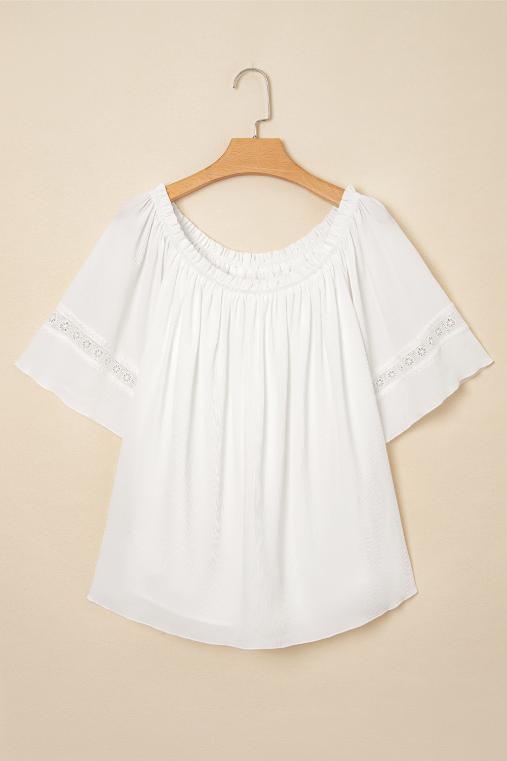 White Frilly Off Shoulder Lace Insert Sleeve Textured Blouse - loveforevers