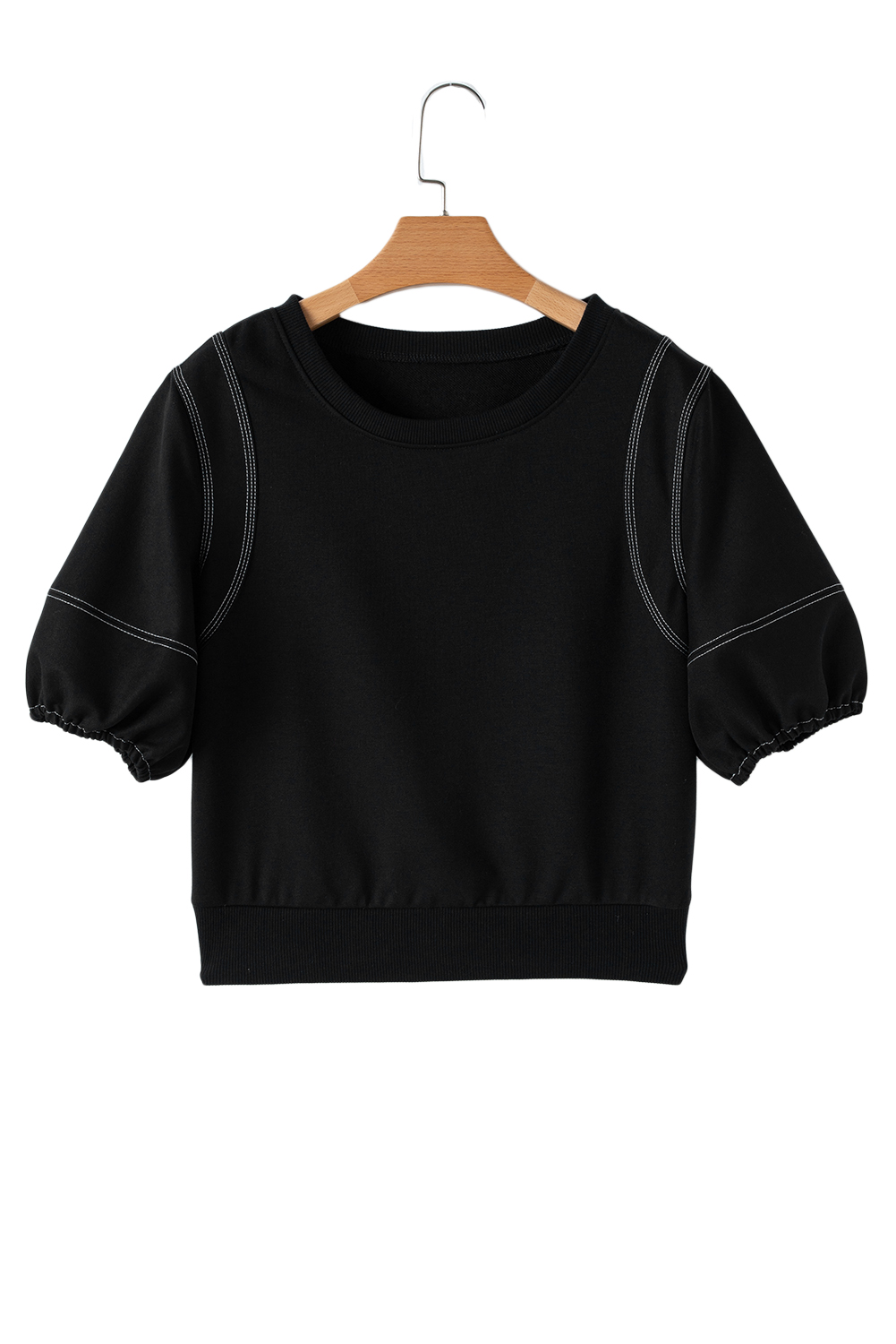 Black Contrast Stitches Detail Puffy Half Sleeve Blouse - loveforevers