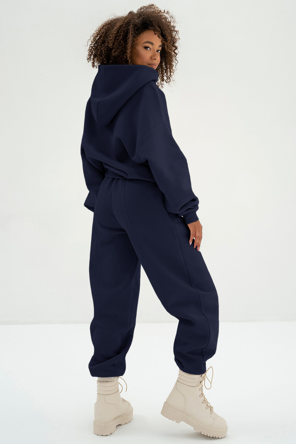 Navy Blue Solid Exposed Seams Hoodie and Joggers Activewear Set - loveforevers