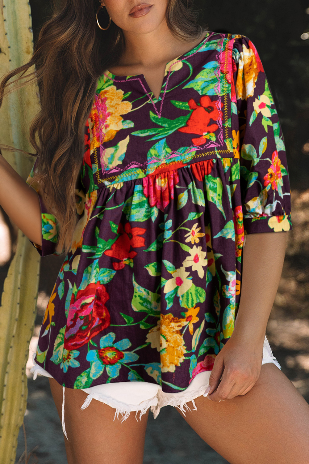 Greyish Purple Rose Flower Embroidered Trim Half Sleeve Blouse - loveforevers