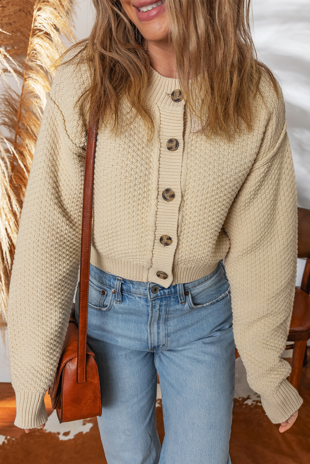 Beige Button Front Cropped Cardigan Sweater - loveforevers
