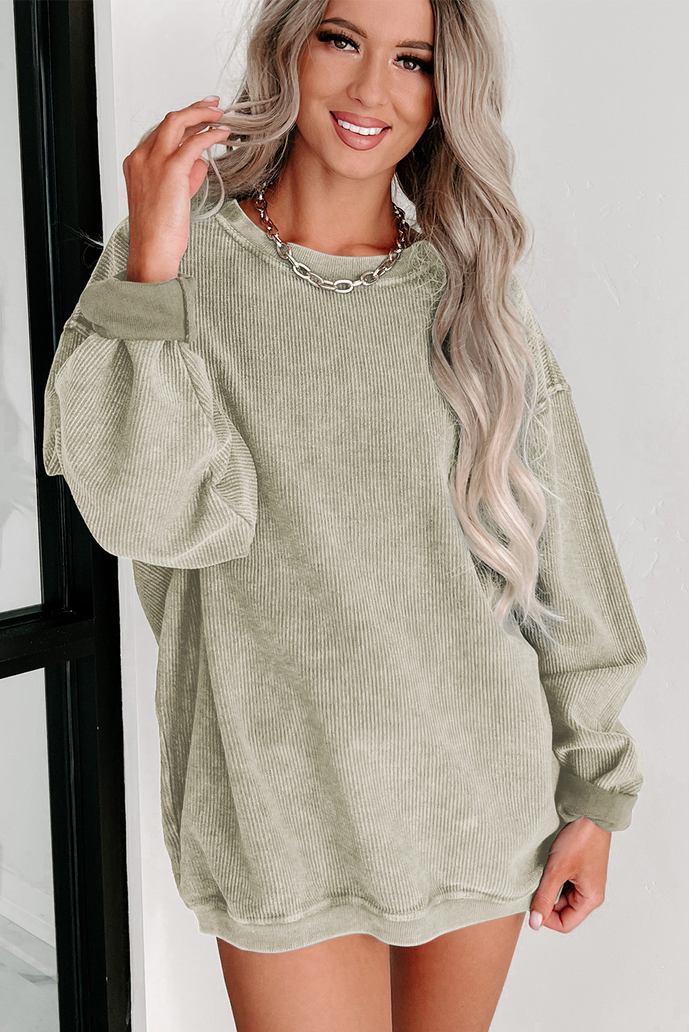 Pink Solid Ribbed Knit Round Neck Pullover Sweatshirt - loveforevers