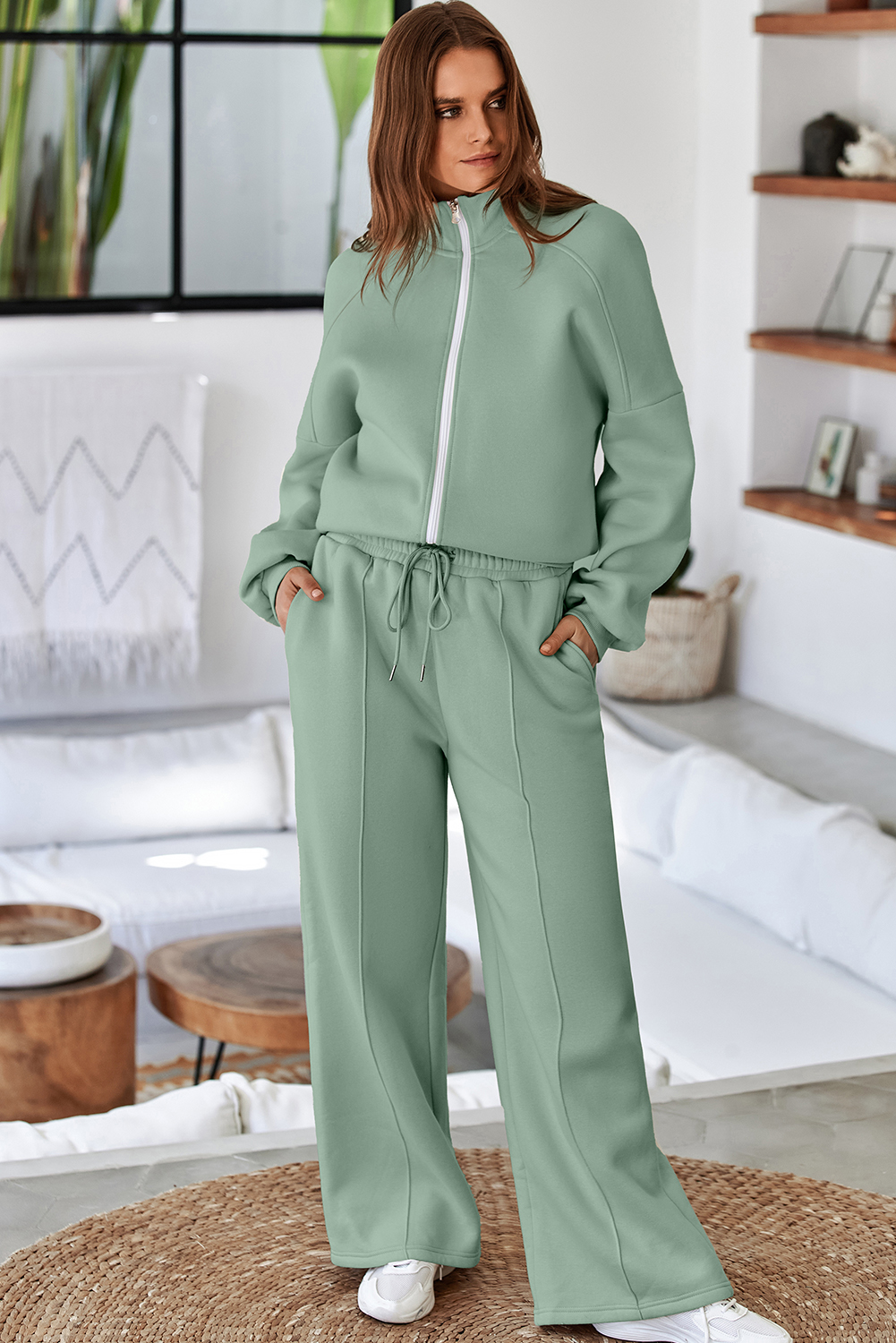 Navy Blue Drop Shoulder Zip Up Jacket Drawstring Pants Active 2pcs Set - loveforevers