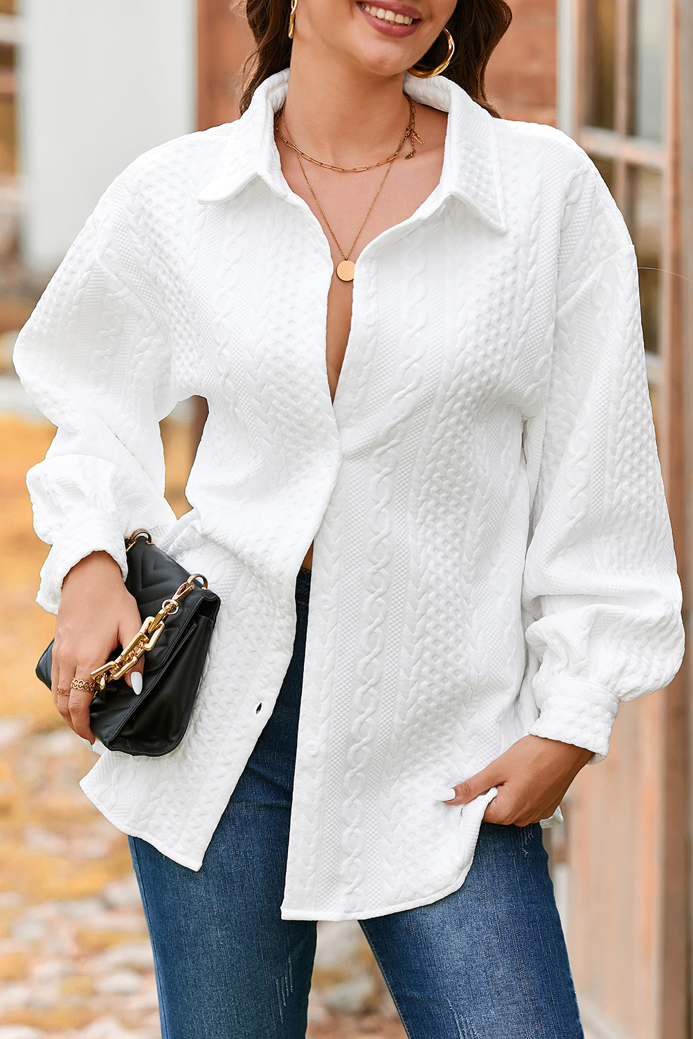Sepia Rose Cable Texture Puff Sleeve Loose Shacket - loveforevers