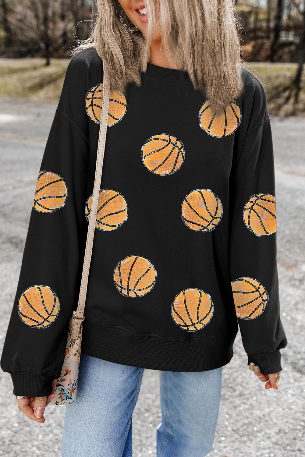 Black Sequin Basketball Patched Graphic Game Day T Shirt - loveforevers