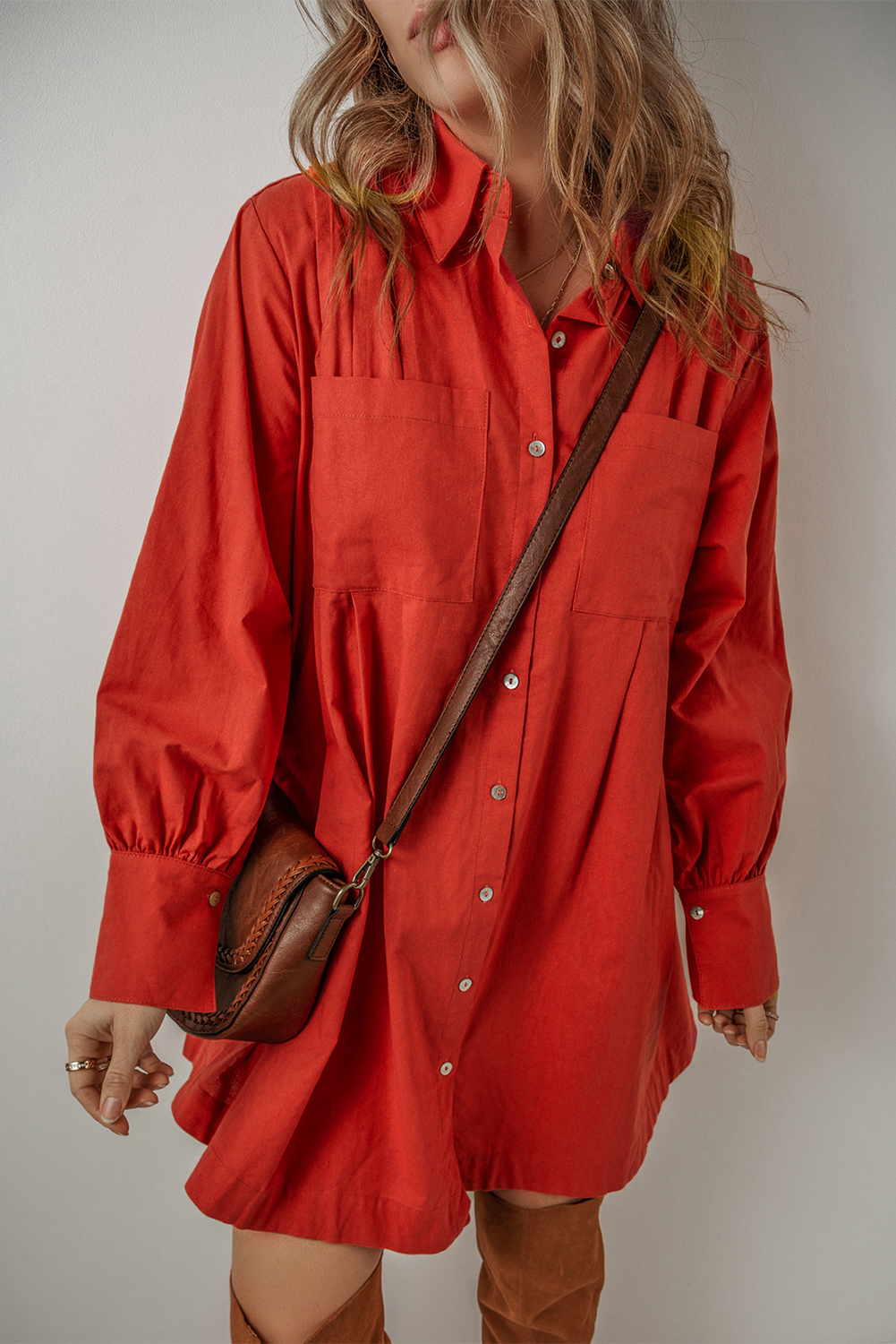 Tomato Red Bishop Sleeve Button Up Pleated Mini Shirt Dress - loveforevers