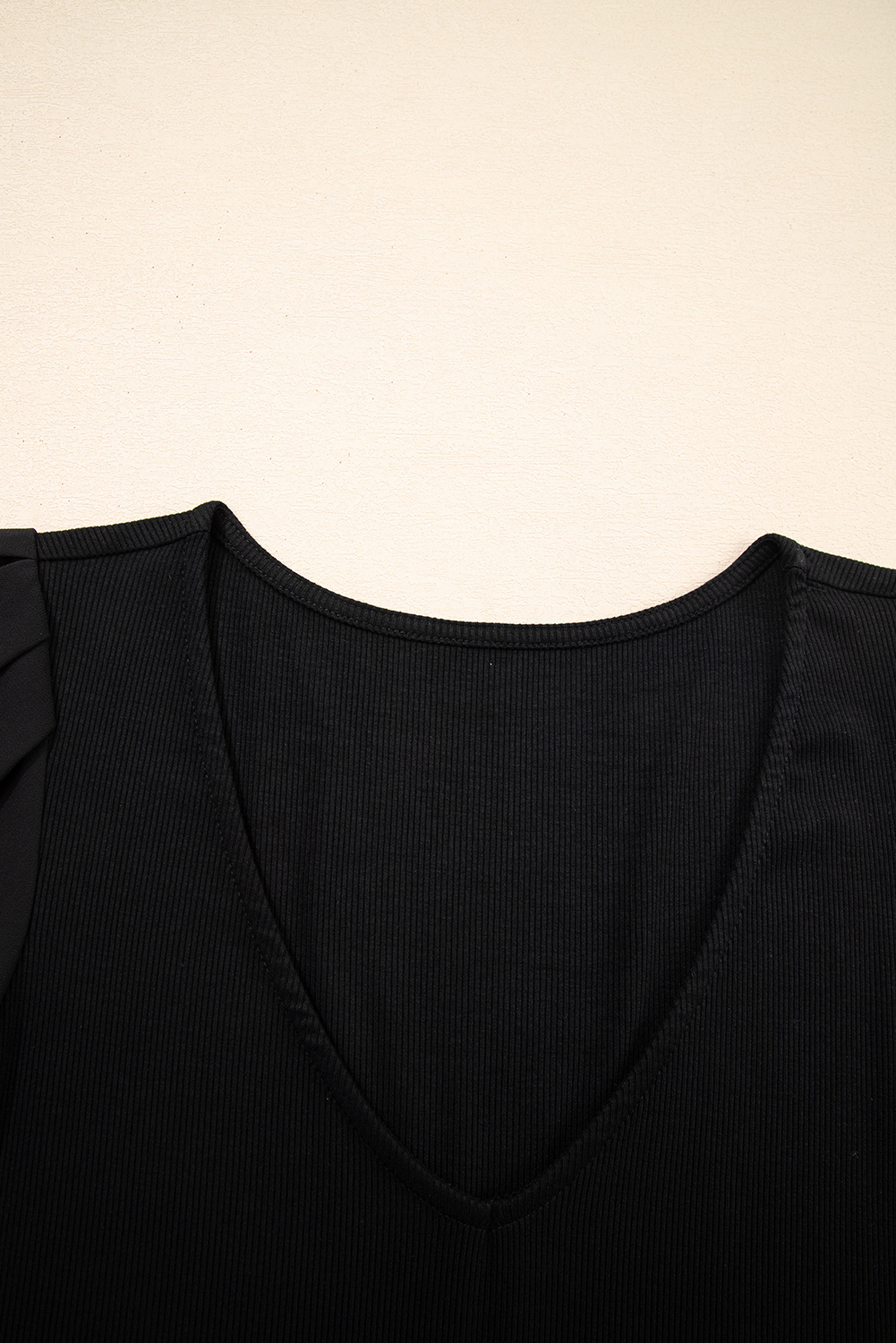 Black Mesh Ruffled Sleeve Slim Fit V Neck Top - loveforevers