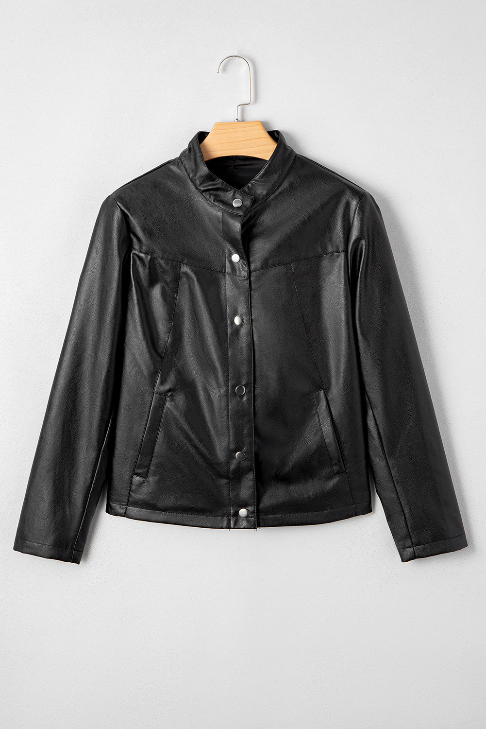 Black Faux Leather Buttoned Front Boxy Jacket - loveforevers