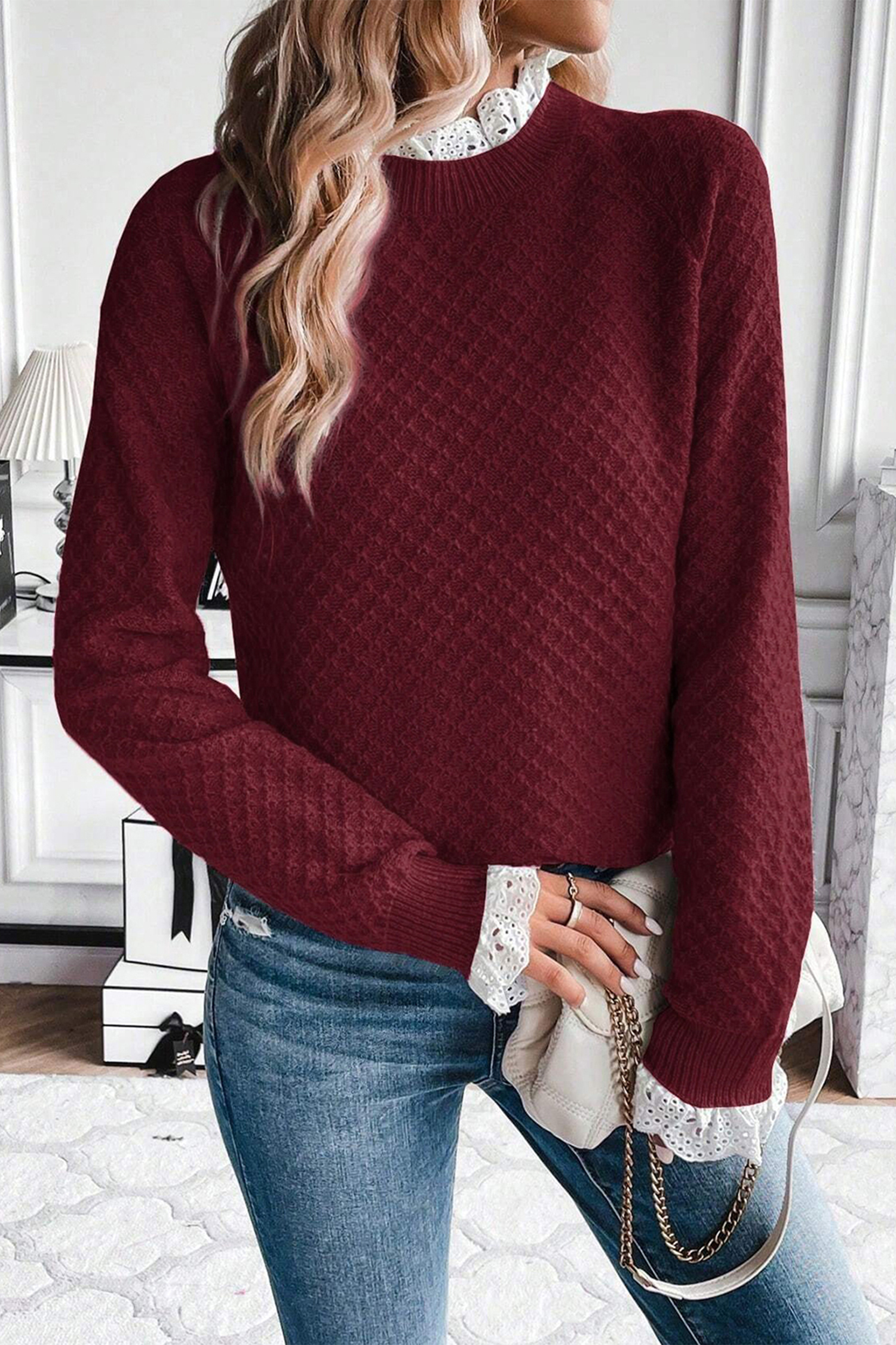 Burgundy  Contrast Lace Frilled Trim Raglan Sleeve Sweater - loveforevers