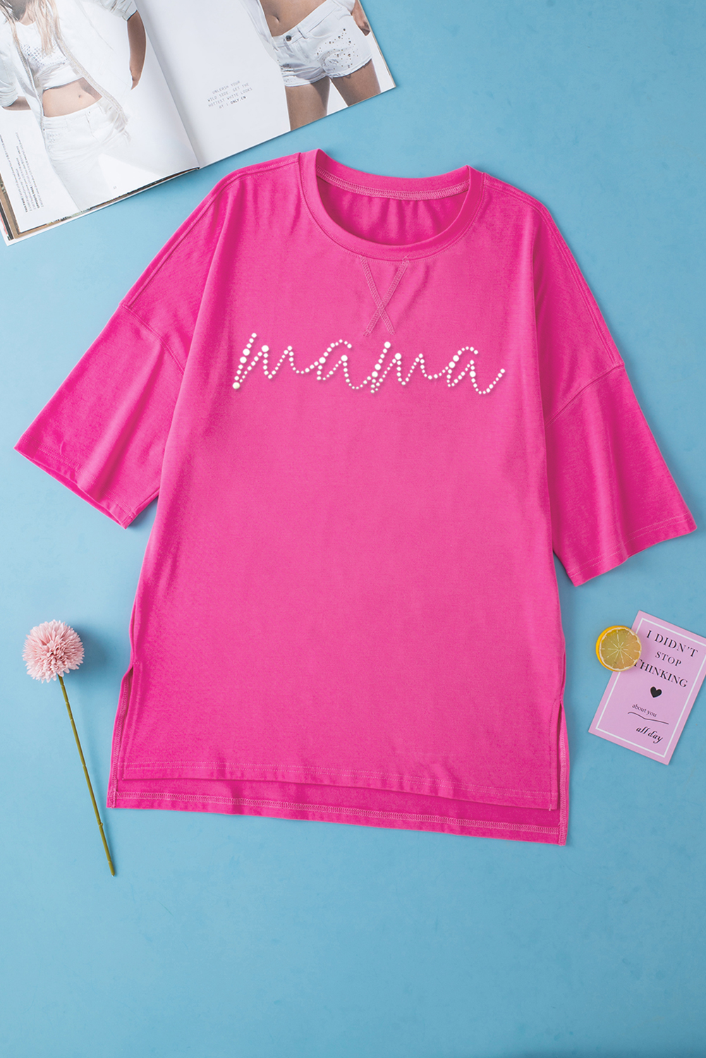 Rose Red Rhinestoned MAMA Graphic Drop Shoulder Half Sleeve Tee - loveforevers