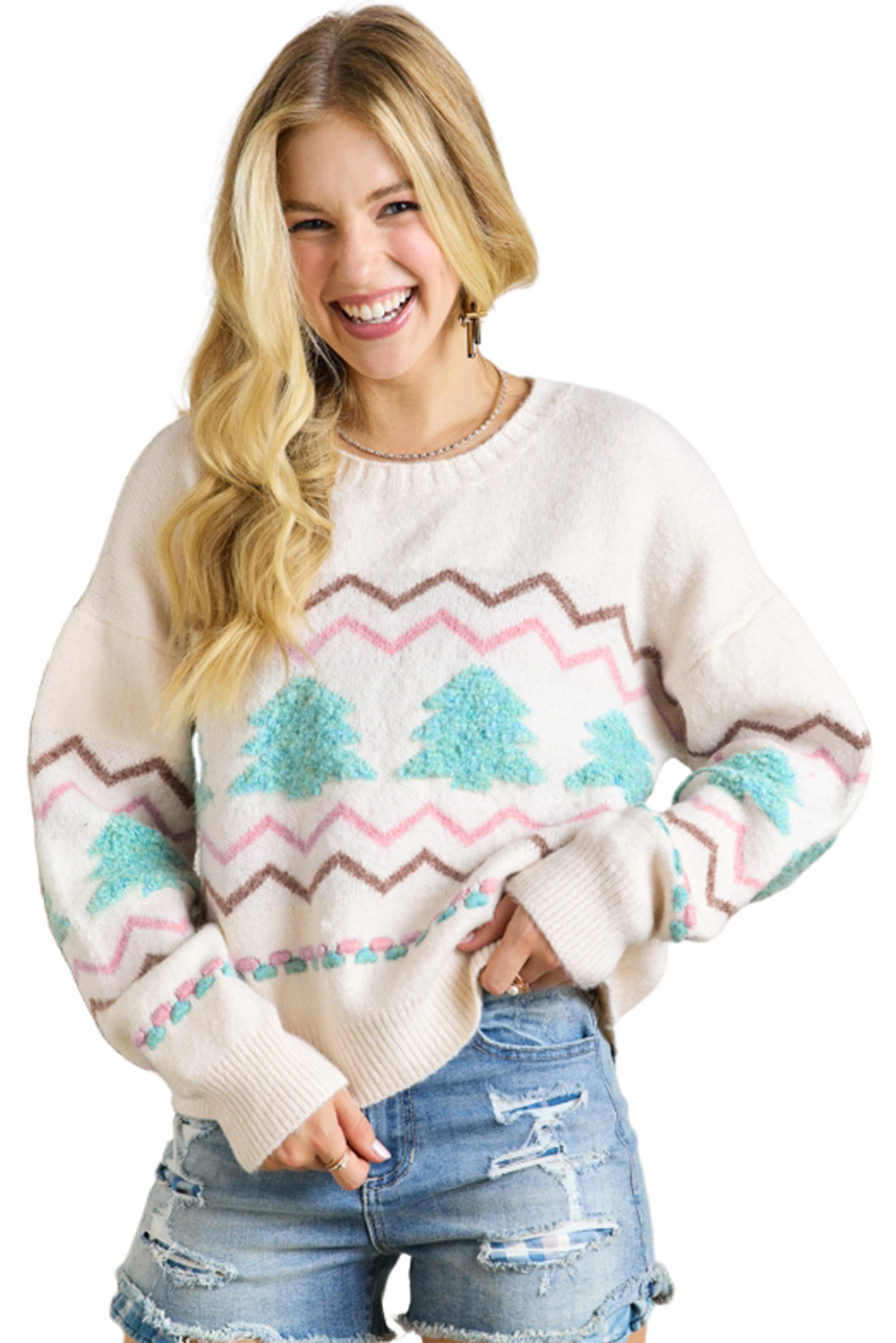 White Striped Christmas Tree Ribbed Trim Drop Shoulder Sweater - loveforevers