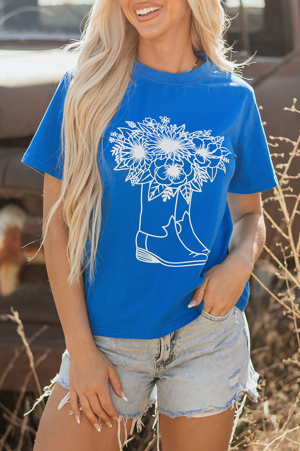 Blue Sunflower Boots Graphic Western Fashion T Shirt - loveforevers
