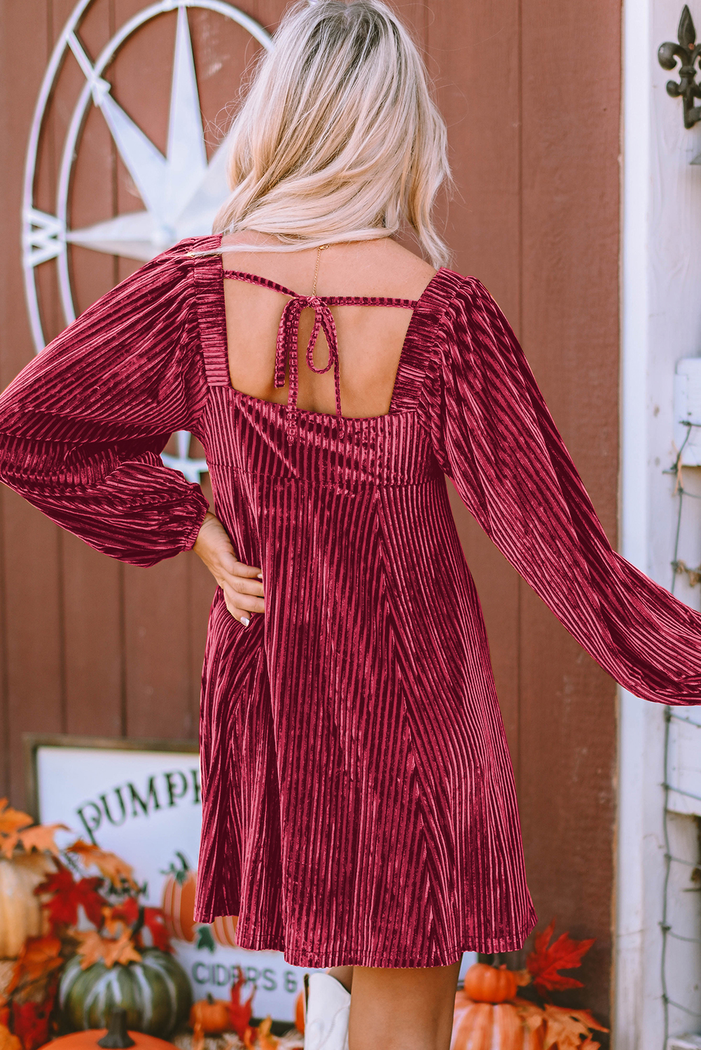 Red Tie Back Square Neck Velvet Babydoll Dress - loveforevers