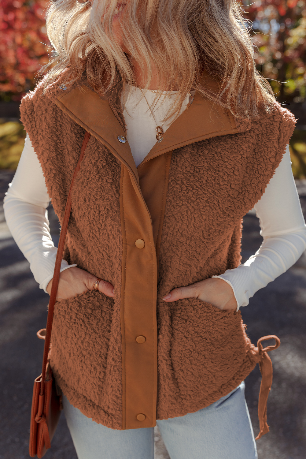Cinnamon Faux Fur Snap Button Front Knot Side Plush Vest with Pockets - loveforevers