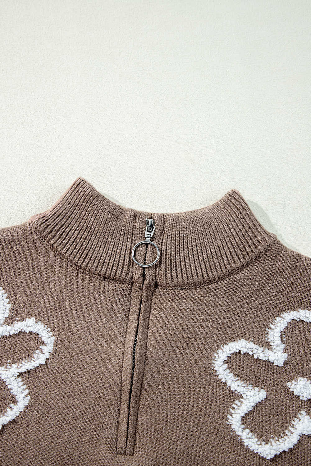 Parchment Contrast Flower Half Zipper Stand Neck Sweater - loveforevers