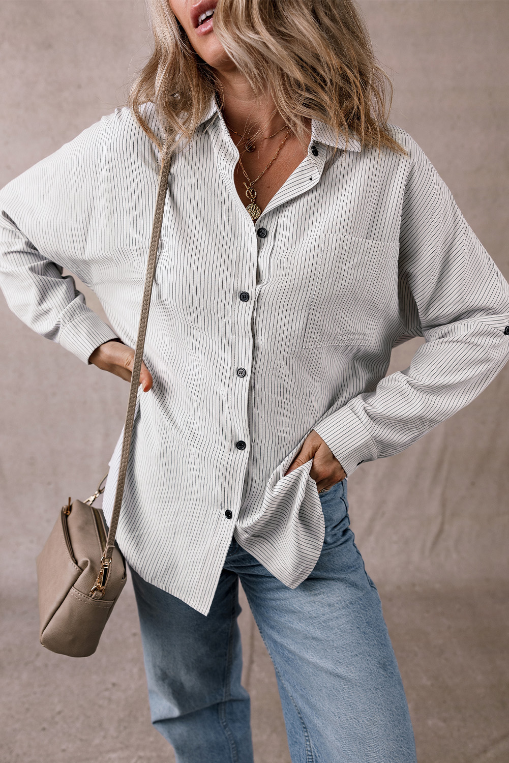 DEAR-LOVER Stripe Roll-tab Sleeve Pocketed Long Shirt - loveforevers