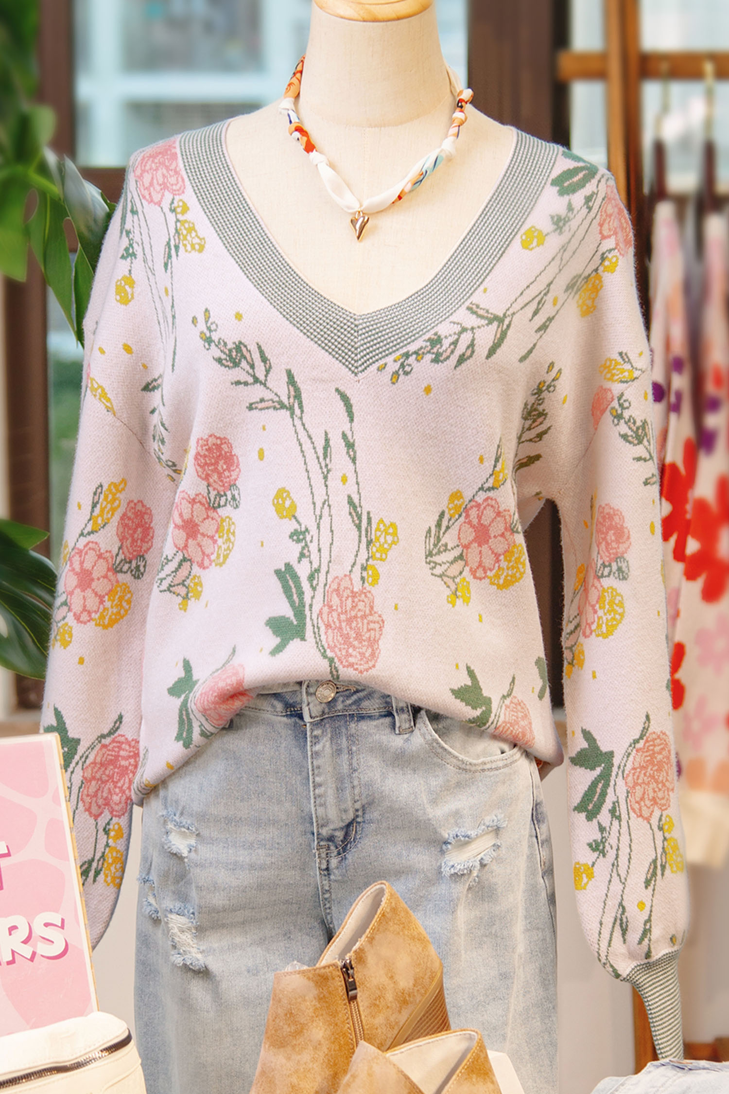 Pink Floral Pattern Striped V Neck Loose Sweater - loveforevers