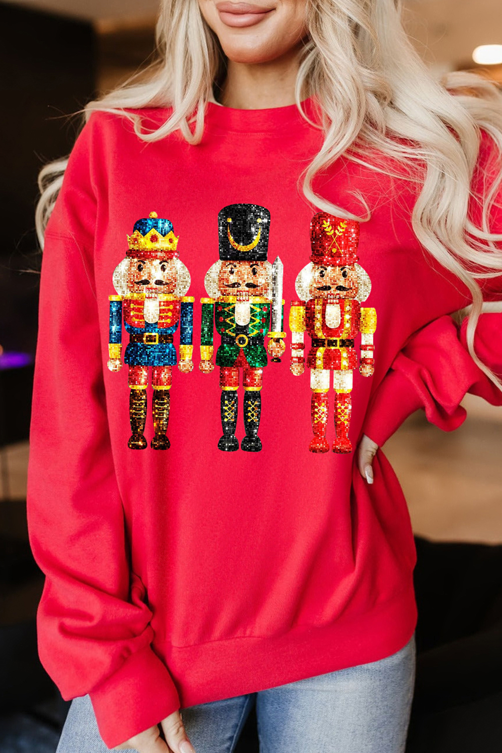 Red Christmas Metallic Nutcracker Graphic Crew Neck Sweatshirt - loveforevers