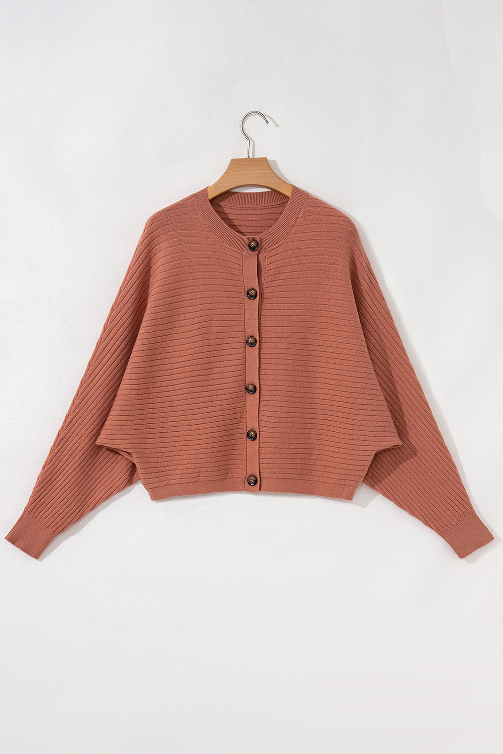Apricot Pink Wide Rib Knit Button Front Dolman Sleeve Sweater Cardigan - loveforevers