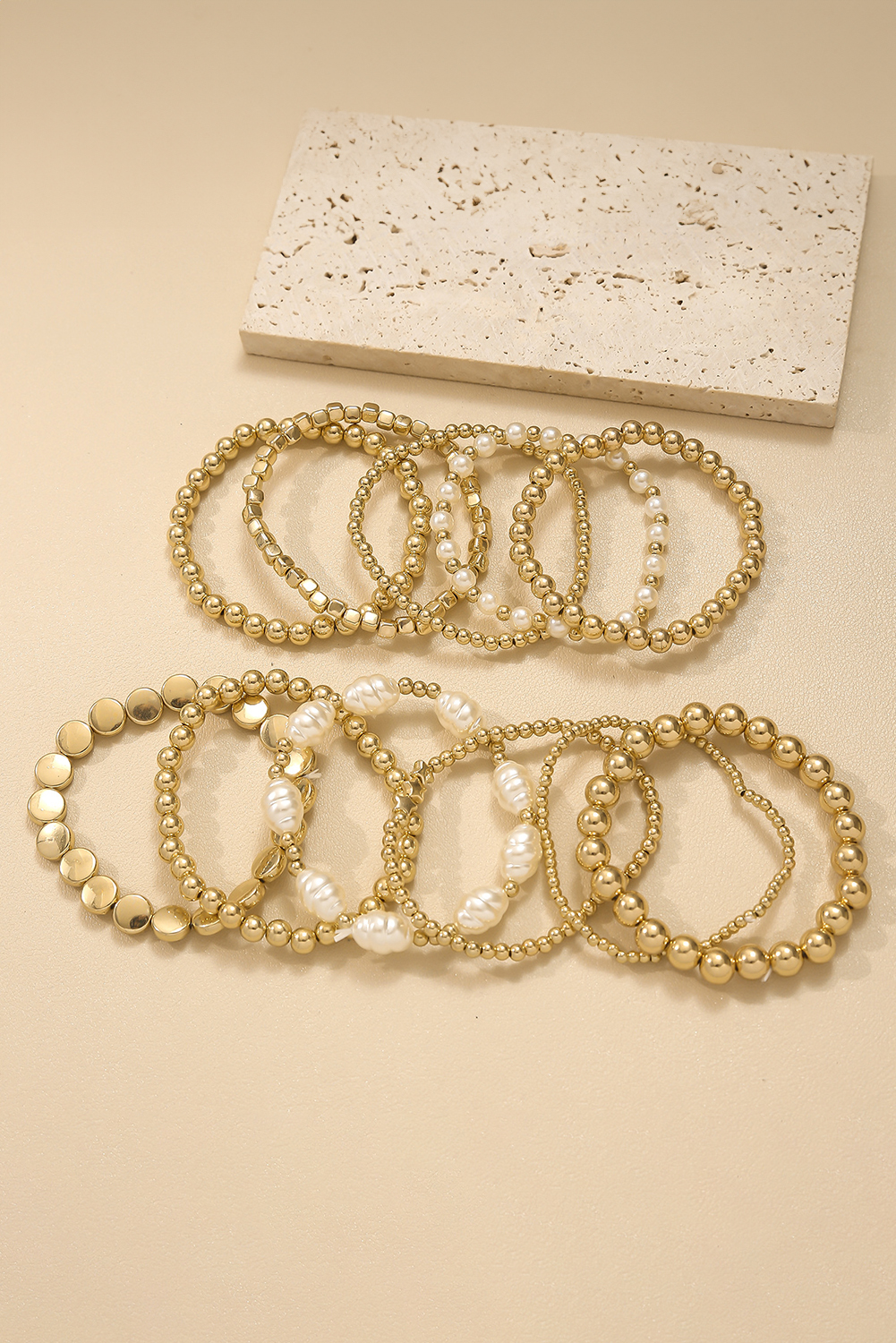 Gold 11pcs Alloy Pleated Pearl Beading Bracelet - loveforevers