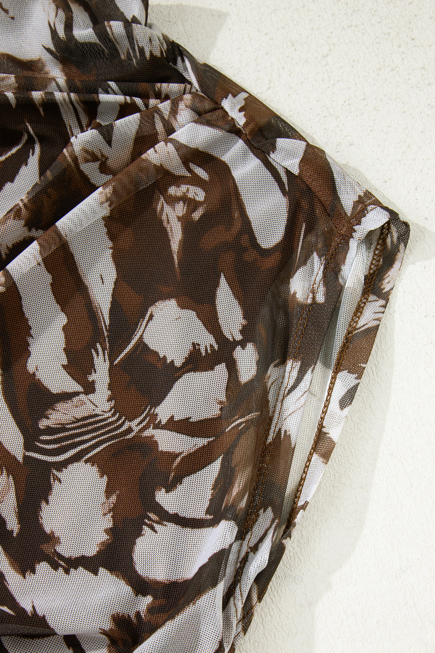 Brown Abstract Print Mesh Cowl Neck Cap Sleeve Ruched Midi Dress with Slit - loveforevers