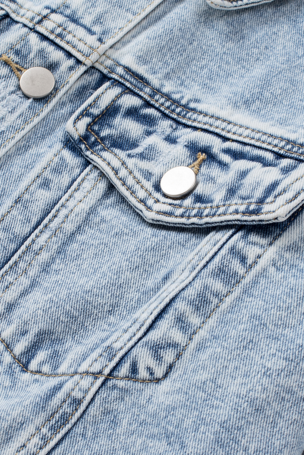 Sky Blue Lapel Distressed Raw Hem Buttons Denim Jacket - loveforevers