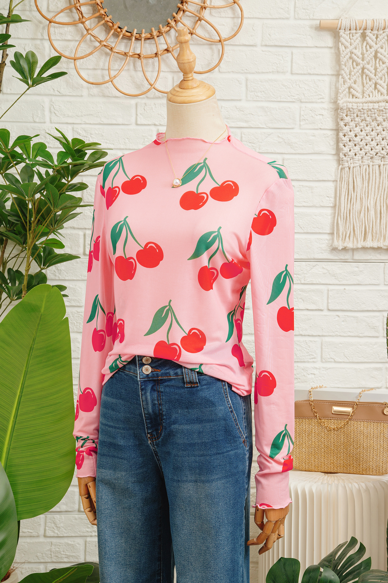 Pink Cherry Print Lettuce Trim Long Sleeve Mesh Top - loveforevers