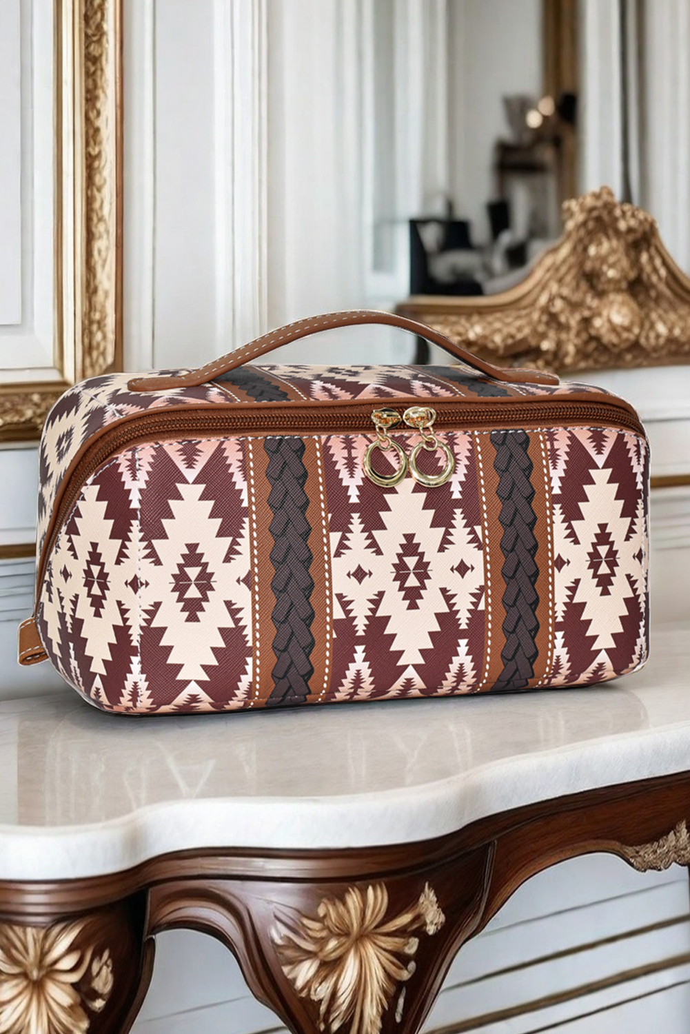Light French Beige Geometric Braided Print Makeup Bag with Handle - loveforevers