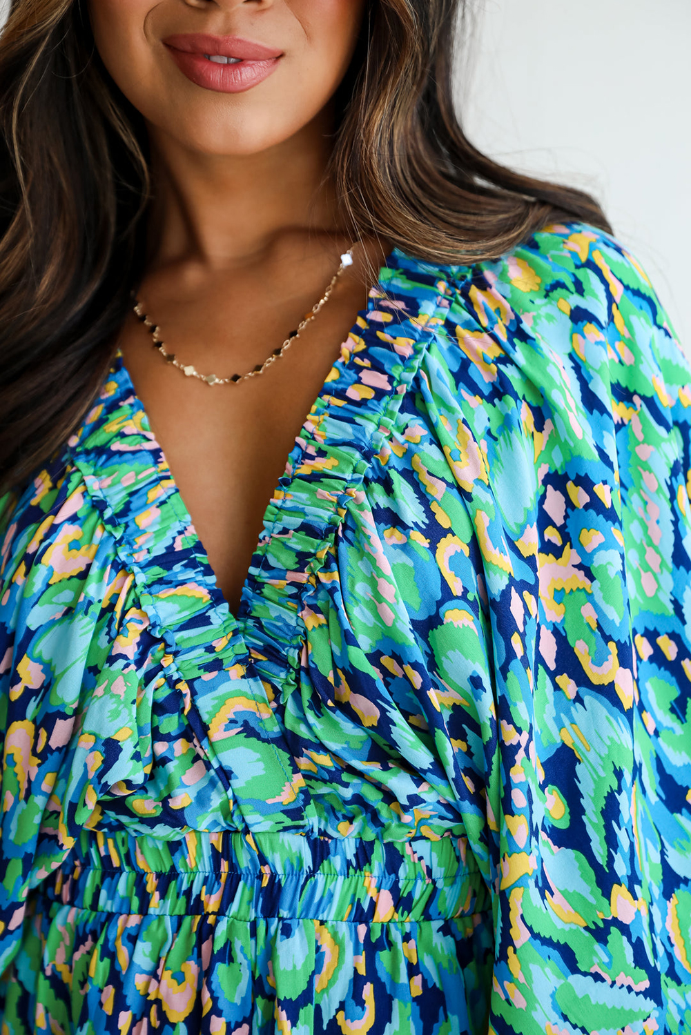 Green Abstract Print Puff Sleeve V Neck High Waist Romper - loveforevers