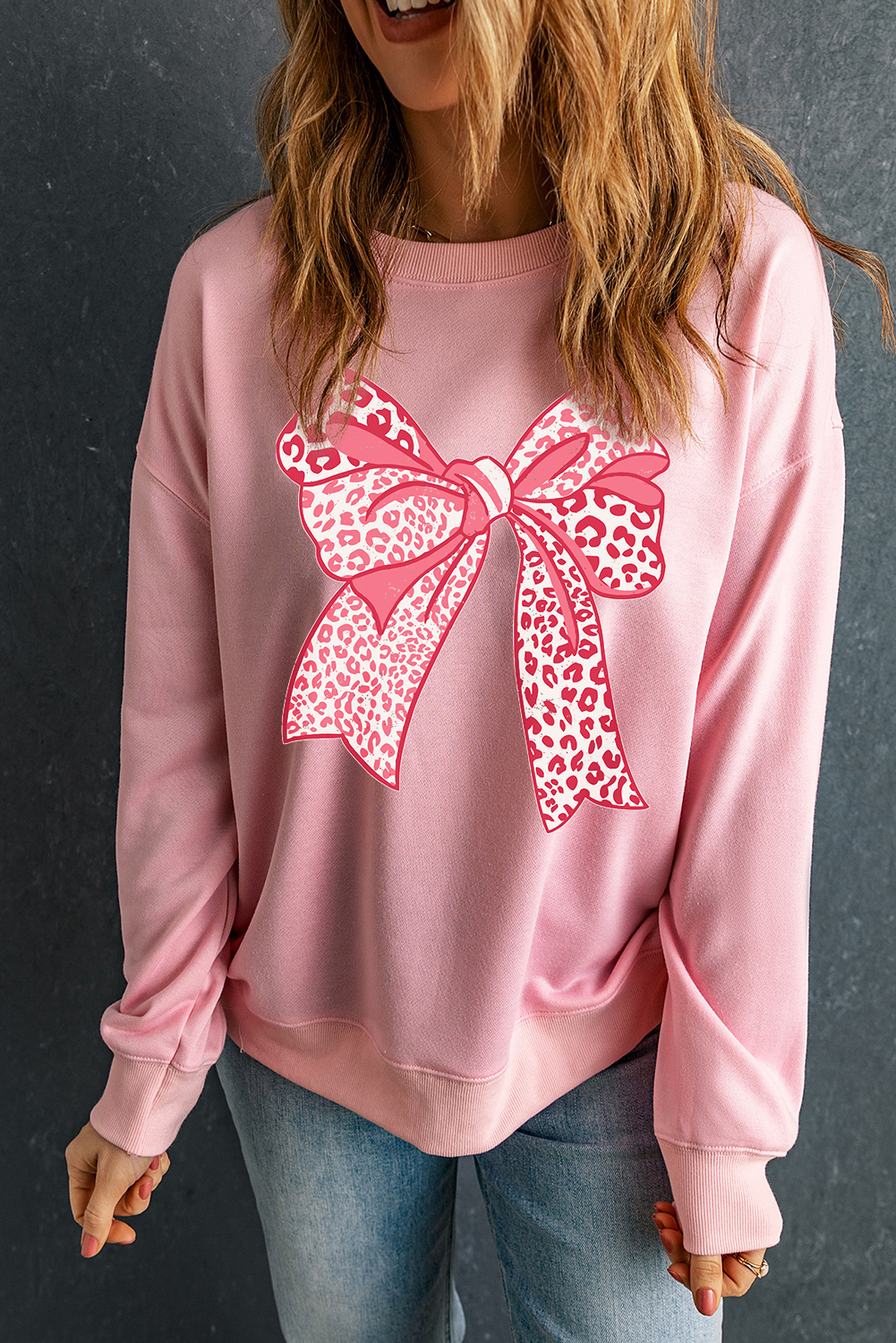 Pink Leopard Bowknot Printed Crewneck Pullover Sweatshirt - loveforevers