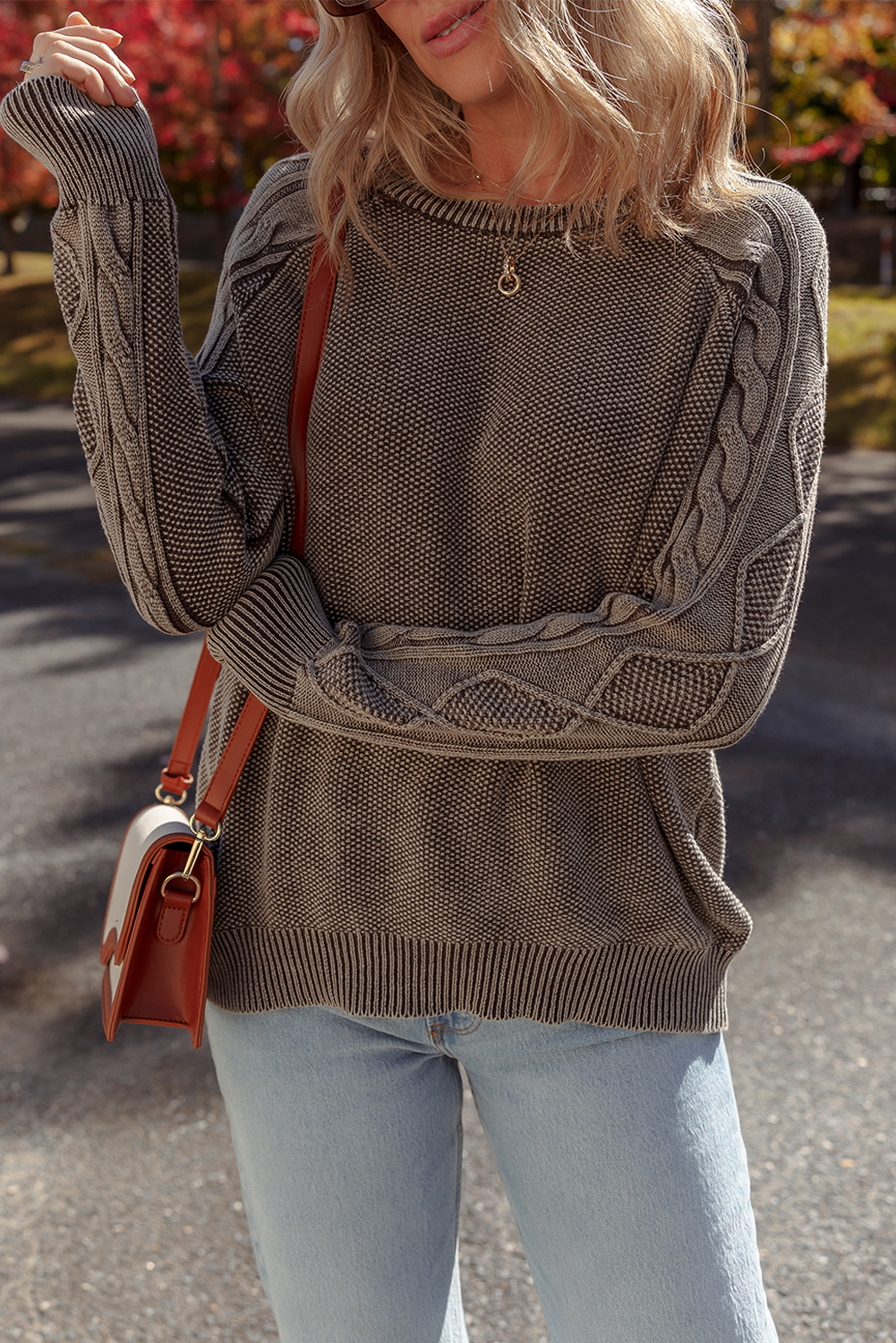Dark Brown Contrast Cable Knit Sleeve Casual Sweater - loveforevers