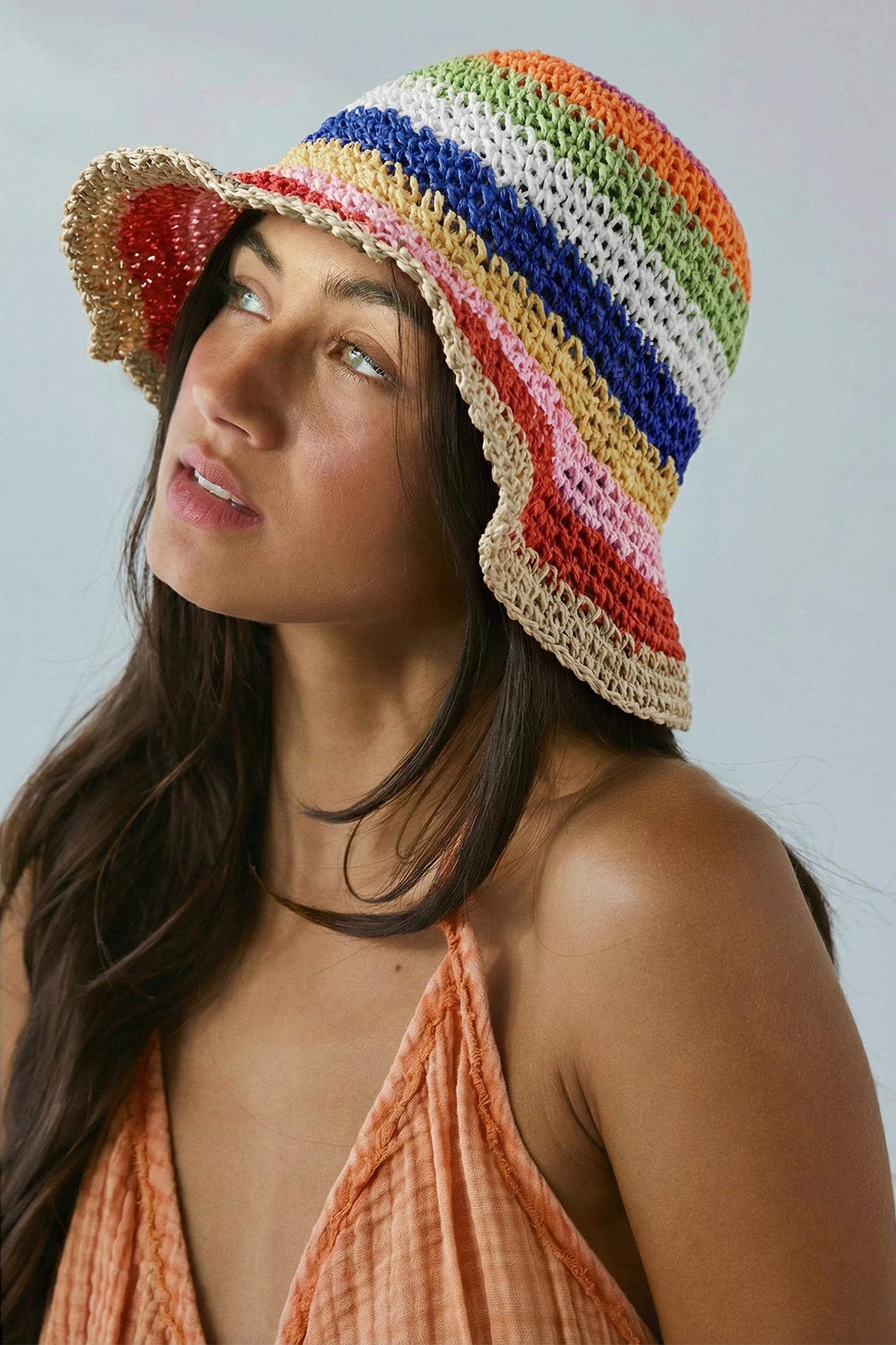 Yellow Cream Rainbow Woven Straw Bucket Hat - loveforevers